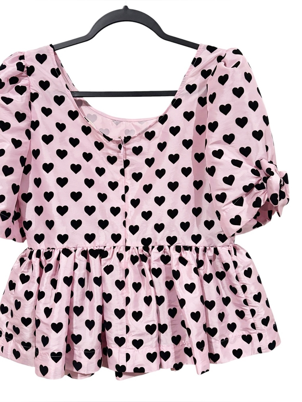 LoveShackFancy Keily Top Pink Black Heart Print Peplum Puff Sleeve Blouse Sz 6 - Picture 5 of 9